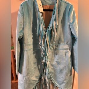 “The Victoria Fringed Aqua Women's Suede Jacket NWT